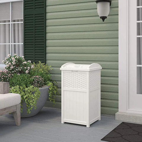 Hideaway Outdoor Trash Can With Lid 30 Gallon White Decorative Wicker Style Bin Made From Weather Resistant Resin On Patio