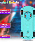 Underside view of Light Up Transparent Car Toy For Kids, showing switch, music function, wheel alignment, and directional change.