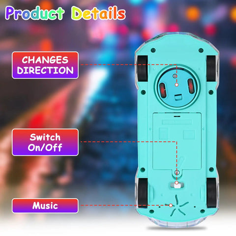Underside view of Light Up Transparent Car Toy For Kids, showing switch, music function, wheel alignment, and directional change.