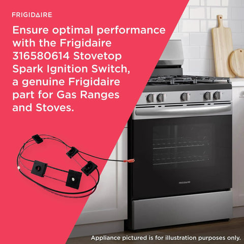 Frigidaire stovetop spark ignition switch next to a gas range and stove for DIY install.