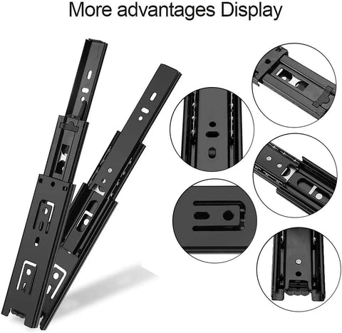 Heavy Duty Pair Of Black Metal Three Section Full Extension Drawer Slides Featuring Quiet Ball Bearing Tracks and Smooth Side Mount Glides Built Tough to Slide Like Butter For Drawers Up To Twenty Five Inches, detailed view.