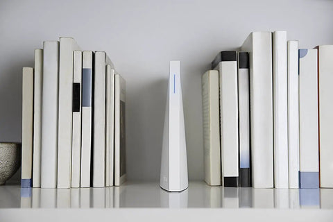 2 Smart Home Hub With Voice Control Works With Alexa And Google Assistant Lets You Control Cameras Doorbells Lighting Locks And Thermostats All From One Simple Easy To Use Center White between books on a shelf
