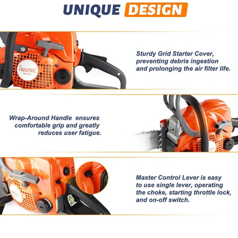 Gas Powered Chainsaw With 14 Inch Top Handle 2 Stroke Motor Easy Start Ergonomic Wrap Around Grip features and design