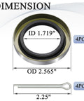 Front view of trailer axle hub grease seal set with 4 cotter pins; ID 1.719 in, OD 2.565 in, double lip