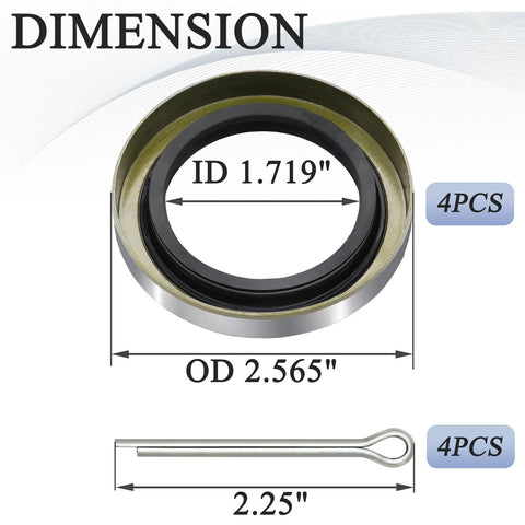 Front view of trailer axle hub grease seal set with 4 cotter pins; ID 1.719 in, OD 2.565 in, double lip