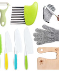 8-piece kids kitchen knife set with wooden cutting board, safety knives, crinkle cutter, Y peeler, and gloves