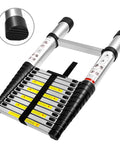 12.5ft Telescoping Aluminum Ladder With Locking Mechanism Extendable And Collapsible For Attic And Home Or Outdoor Use Heavy Duty 330 Lb Capacity Easy To Store And Setup Built For Pro Grade DIY folded aluminum ladder with rubber feet and locking rungs