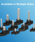 Heavy Duty M5 X 12mm Tee Wing Thumb Screws 6 Pack Carbon Steel Quick Swap Clamping Bolts With Comfortable Black Handles For No Sweat Tightening And Easy Equipment Mounting shown from above with black handles and metal shafts.