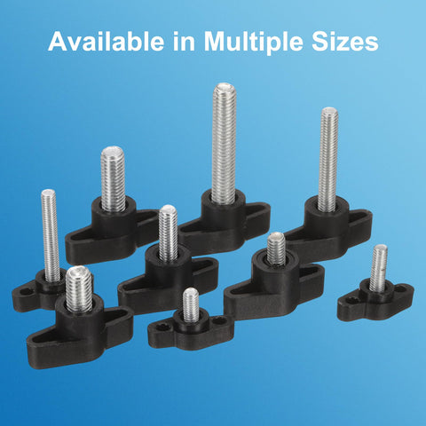 Heavy Duty M5 X 12mm Tee Wing Thumb Screws 6 Pack Carbon Steel Quick Swap Clamping Bolts With Comfortable Black Handles For No Sweat Tightening And Easy Equipment Mounting shown from above with black handles and metal shafts.