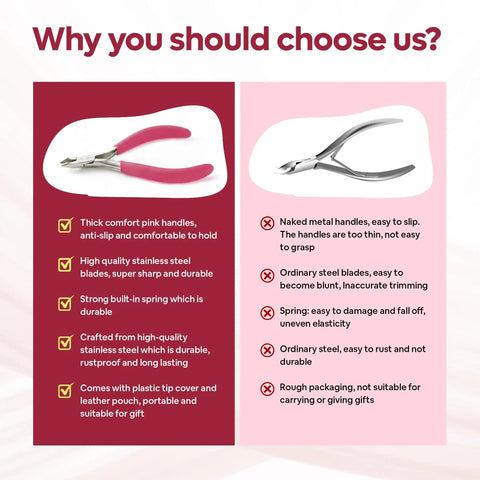 Comparison of Pro Grade Cuticle Nippers And Cutter For Women With pink handles and ordinary metal nippers