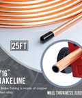 Close-up of 25 ft copper-coated brake line tubing with focus on thickness, part of 25 Foot Copper Coated Brake Line Kit With 16 Fittings And 4 Unions Tube Bender And Double And Single Flaring Tool Kit For Most Hydraulic Braking Systems Pro Grade Heavy Duty And Ready To Roll