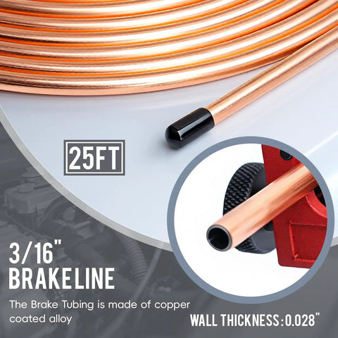 Close-up of 25 ft copper-coated brake line tubing with focus on thickness, part of 25 Foot Copper Coated Brake Line Kit With 16 Fittings And 4 Unions Tube Bender And Double And Single Flaring Tool Kit For Most Hydraulic Braking Systems Pro Grade Heavy Duty And Ready To Roll