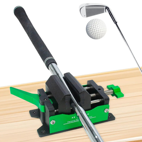 Golf Club Regripping Kit with Quick Release Vise Clamp for Grip Removal and Shaft Work Aluminum Golf Shaft Vise on wooden surface