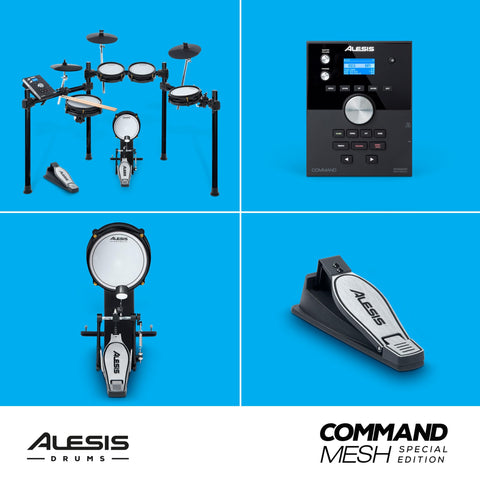 Command Mesh SE Electronic Drum Kit with Quiet Dual Zone Mesh Pads USB MIDI connectivity, snare, hi-hat, tom pads, and module.