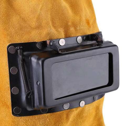 Leather Welding Mask With Flip Lens Adjustable Hood Sweat Absorbing Heat Resistant And Breathable Face Shield For Welding Jobs At Shops And Industrial Workplaces