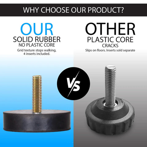 Comparison of Heavy Duty Rubber Leveling Feet With Legit M8 Metric Threads Adjustable Furniture Glides against plastic core glides.