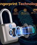 Biometric Fingerprint Smart Padlock Keyless Thumbprint Lock USB Rechargeable Waterproof Metal Lock For Gym Locker Gray with tech overlay