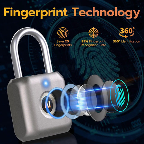Biometric Fingerprint Smart Padlock Keyless Thumbprint Lock USB Rechargeable Waterproof Metal Lock For Gym Locker Gray with tech overlay