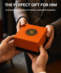 Hands presenting Sapele wood box for Lux Calfskin Cigar Holder And Mouthpiece Set With Leakproof Seal Ring, gift for men.