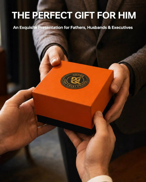 Hands presenting Sapele wood box for Lux Calfskin Cigar Holder And Mouthpiece Set With Leakproof Seal Ring, gift for men.