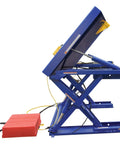 Electric Hydraulic Ground Lift Table With Tilt Top, 44 By 52 Inch Steel Deck, 4000 Lb Capacity side view, blue, hydraulic lift mechanics