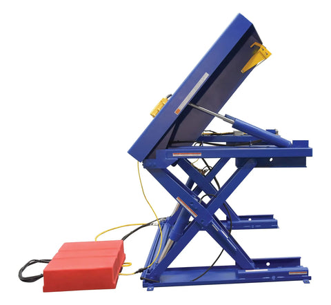 Electric Hydraulic Ground Lift Table With Tilt Top, 44 By 52 Inch Steel Deck, 4000 Lb Capacity side view, blue, hydraulic lift mechanics