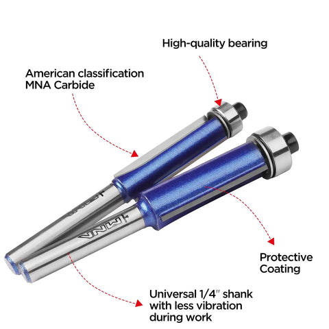 Pro Grade Top Bearing Flush Trim Router Bit Set Of 4 With 1/4 Inch Shank including blue-coated bits with protective bearing