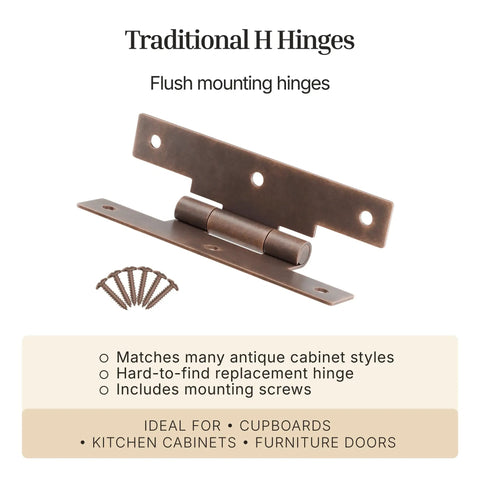 Antique Copper Finish H Style Cabinet Door Hinges Three By One And Five Eighths Inches Flush Mount Pack Of 4 with screws
