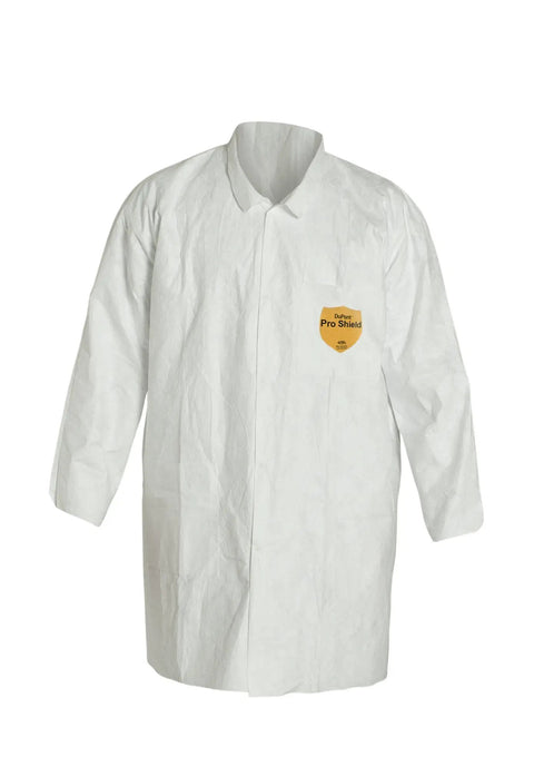 Disposable Lab Coat With Open Cuff And Attached Hood Comfort Fit PPE For Lab Work White 2X Large 30 Pack displayed front view.