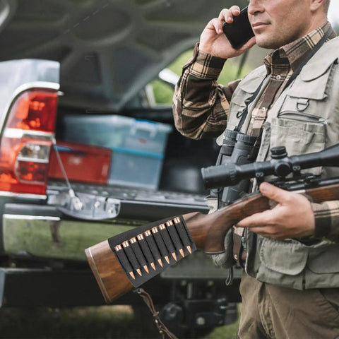 Elastic Rifle Shell Buttstock Holder for 9 rounds on a long gun with durable polyester elastic webbing and easy clip-on attachment