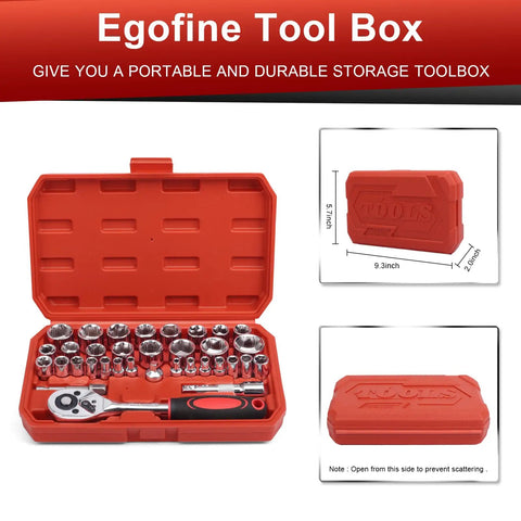 34 Piece 3/8 Inch Drive Socket Set With Ratchet Includes Metric And SAE Sockets Extension Bar And Heavy Duty Storage Case For Auto Repair And Home Projects, red case open