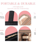 Details of Hanging Toiletry Bag For Travel And Makeup Kit Waterproof, featuring zippers, stitches, handle, and elastic bands, black color