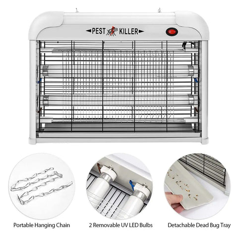 Indoor Electric Bug Zapper 2800V With 20W Blue Light Attractant Plug In Pest Killer For Mosquitoes Flies Moths Fruit Flies Fungus Gnats Garage Bug Catcher Eliminator, showing front view with UV bulbs and tray.