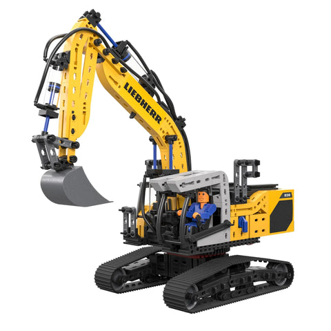 Liebherr R938 Pneumatic Excavator Kit 689 Piece Realistic Builder Model With Pneumatic System Manual Valves And Flow Regulators Ideal For Gearheads 10 And Up Great For Kids Teens And Adults Who Love Engineering. Yellow tracked excavator model with bucket
