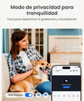 Woman sitting with a dog using phone app for Outdoor Plug In Wi Fi Security Camera With 5MP HD Video And 3X Optical Zoom For Home Surveillance.
