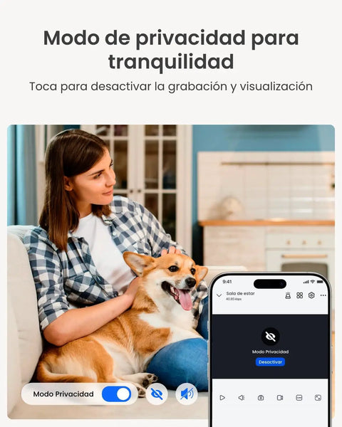 Woman sitting with a dog using phone app for Outdoor Plug In Wi Fi Security Camera With 5MP HD Video And 3X Optical Zoom For Home Surveillance.