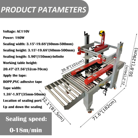 Adjustable Width Height Automatic Carton Sealer Box Tape Machine 110V Stainless Steel Roller Heavy Duty Packaging for Shipping Stores with detailed parameters