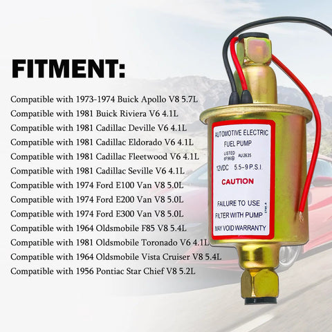 Electric Fuel Pump 5-9 PSI 12V DC 30 GPH For Gasoline And Diesel Carburetor Engines Universal Fit, shown with fitment list
