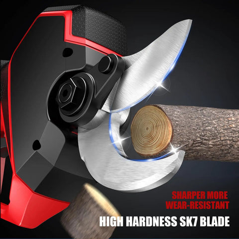 Beastly 700W Brushless Electric Pruning Shears cutting branch with SK7 blade, LED display visible, showcasing cutting power.