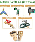 Various garden hose accessories including splitter, squirt gun, timer, valve faucet, and impact sprinkler for US 3/4 GHT thread.