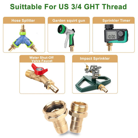 Various garden hose accessories including splitter, squirt gun, timer, valve faucet, and impact sprinkler for US 3/4 GHT thread.