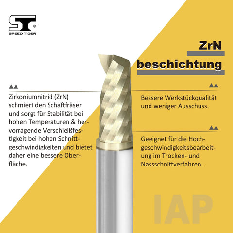 Speed Tiger solid carbide CNC end mill, 1/4 in diameter, single-flute spiral, ZrN coated