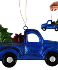 Blue Vintage Iron Christmas Truck Ornament For Christmas Tree, Rustic Farmhouse Style Hangable Pendant Decor with festive tree