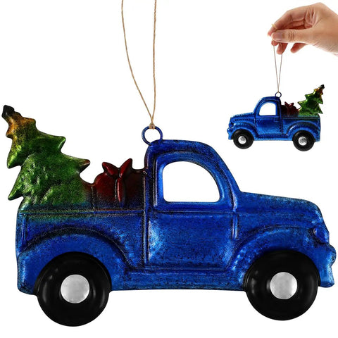Blue Vintage Iron Christmas Truck Ornament For Christmas Tree, Rustic Farmhouse Style Hangable Pendant Decor with festive tree
