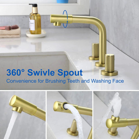 8 Inch Widespread Bathroom Faucet with 360 Degree Swivel Spout and Nozzle, Brushed Gold Finish, Dual Handle, Water Flowing