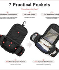 Interior view of hanging toiletry bag for men and women, waterproof nylon dopp kit, with multiple compartments including mesh pockets.