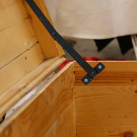 Set Of 2 Heavy Duty Iron Folding Hinge For Furniture And Cabinets Antique Black Lid Supports installed on a wooden box lid