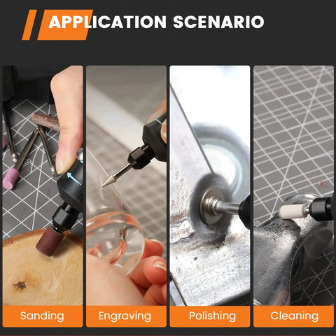 Hands using 4V Cordless Rotary Tool Kit With 3 Speeds Up To 18,000 RPM for sanding, engraving, polishing, and cleaning.