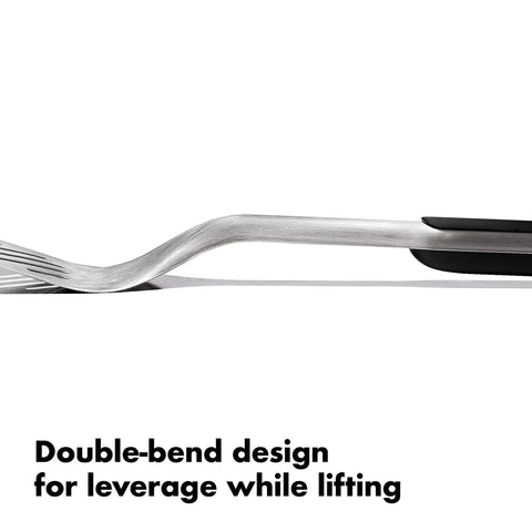 Outdoor Grilling Turner And Tongs Set With Heavy Duty Stainless Steel Construction, showing double-bend design for leverage
