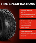 Close-up of Go Kart Tire Set 145/70-6 Tubeless 4 Ply showing tread pattern, red specs chart detailing tire dimensions and features.